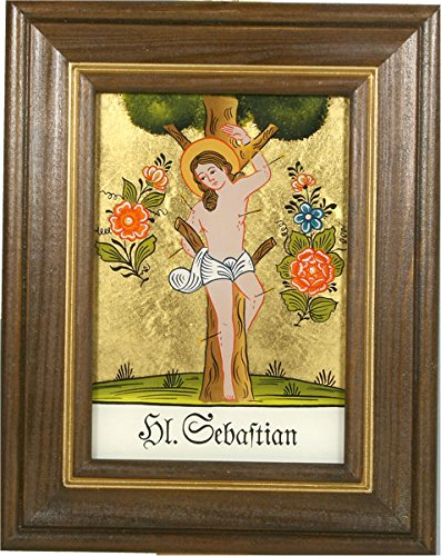 Hinterglaswerkstätten - Hinterglasbild/Patronatsbild Hl. Sebastian mit braun gebeizten Holzrahmen, handbemalt mit Legende des Heiligen auf der Bildrückseite, ca. B: 12,5 x H: 16 cm
