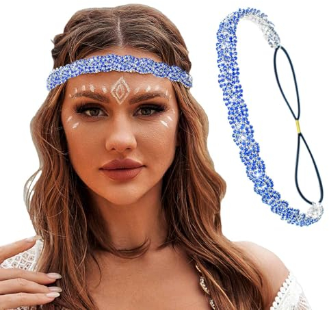 Flayem Kopfkette Glänzendes Elastische Strass Stirnband Damen für Frauen (Blau, 45.5cm)