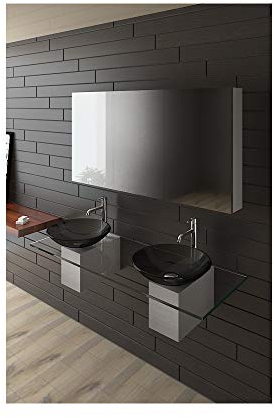 Alpenberger Waschplatz | 2 Schwarze Glaswaschschalen Ø 42 cm auf Klarglas Waschtischplatte 140 cm | Aufsatzbecken Waschschale mit Edelstahlkasten