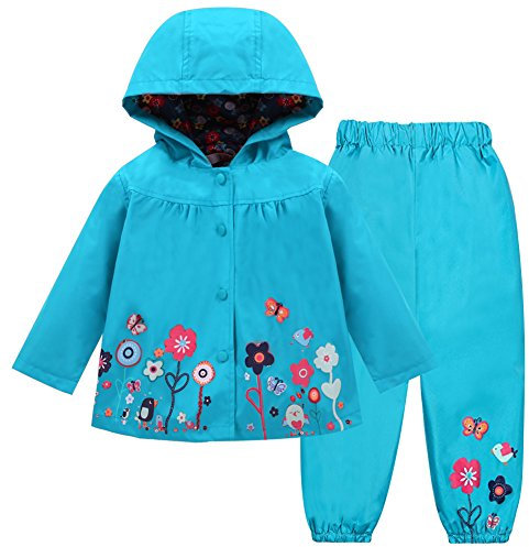 LZH bébé filles imperméable à capuche manteau imperméable enfants veste de pluie et pantalon 2 pièces ensemble de vêtements,Bleu,4-5 Ans (120)