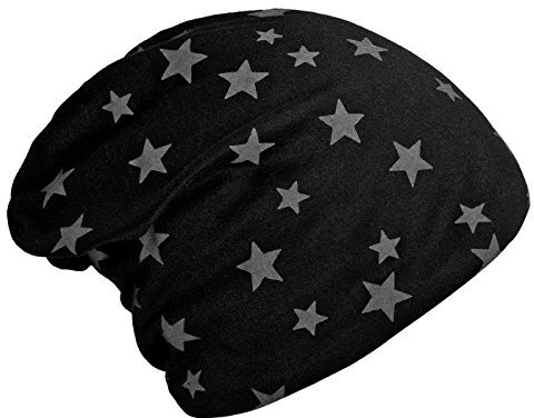 DonDon Mütze Damen Wintermütze Slouch Beanie gefüttert mit Stern Print schwarz
