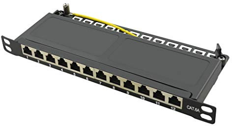 LogiLink Professional NP0066 Panneau de brassage/de distribution blindé Cat 6A avec 12 ports (10), PoE et PoE+, demi-hauteur (0,5 unités de hauteur), noir