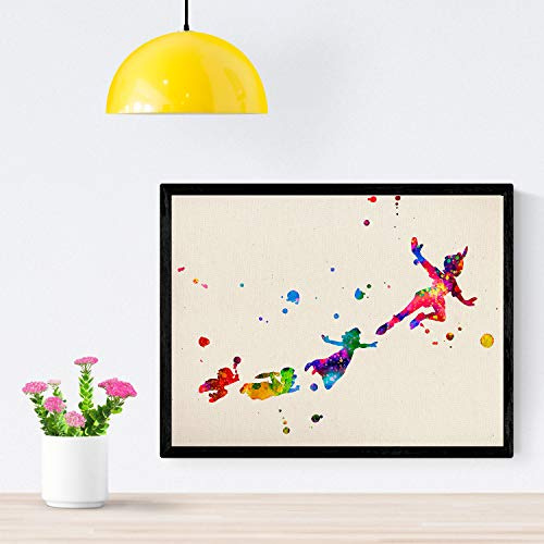 Nacnische Kunstdruckrahmung Peter Pan Fliegen mit Freunden dekorative Wände für Wand. Aquarellstilblätter. Kreatives Geschenk für Kinder. Papier 250 Gramm ... (mit Rahmen, 30x40cm)