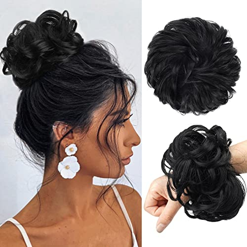 FESHFEN Haarteil Mit Gummiband, Groß Dutt Haarteil Haargummi Mit Haaren Gelockt Haardutt Synthetisch Haarverlängerung Pferdeschwanz Haarteile für Damen Mädchen, Jet Schwarz 55g