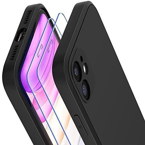 Losvick Case for iPhone 11 with 2 x Tempered Glass Screen Protector, Liquid Silicone iPhone 11 Case Soft TPU Slim Gel Rubber, Shockproof Anti-Scratch Bumper Phone Case Cover for iPhone 11, Black