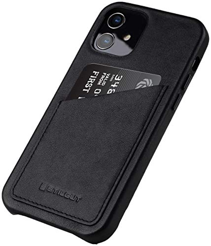 STILGUT Cover kompatibel mit iPhone 12 Mini Hülle mit Kartenfach, Case aus Leder, Kartenhülle - Schwarz Nappa