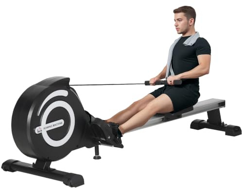 HOMCOM Faltbares Rudergerät mit 8 magnetischen Widerstandsstufen, 4 kg, LCD-Monitor, Belastung 120 kg, für Fitness, Training zu Hause, Stahl, Aluminium, 185 x 58 x 57 cm, Schwarz und Silber