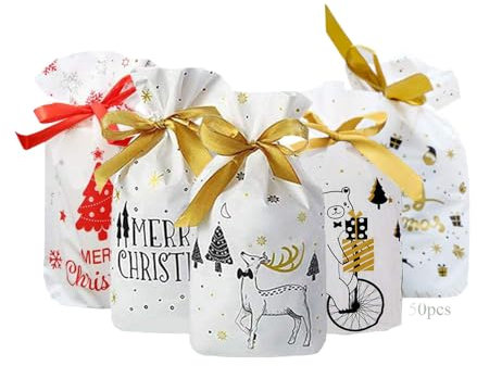 Anyingkai 50 Stücke Weihnachten Geschenkbeutel mit Kordelzug Weihnachtstüten süßigkeiten Weihnachtsgeschenkbeutel Geschenktüten Weihnachten Säckchen Umweltschutzmaterial Wiederverwendbar (Bunt-C)