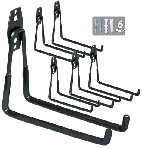 WMK Garage Hooks 6 Pack Wall Storage Hooks Heavy Duty Steel Tool Hangers for Utility Organizer, Wall Mount Holders for Garden Lawn Tools, Ladders, Bike (Black)