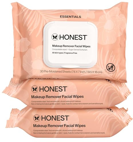 Honest Beauty Fragrance Free Cleansing Makeup Remover Facial Wipes | Plant Based, Hypoallergenic, Gentle for Sensitive Skin | 90 Count