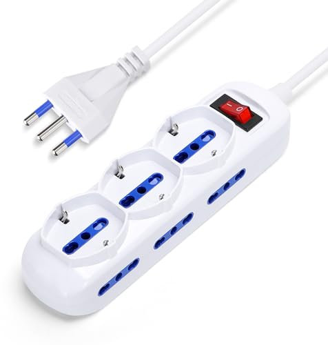 Aigostar Multipresa Ciabatta Elettrica 9 Posti 3 Polivalente Schuko 6 Spina Italiana 10/16A, 250v/3680W, Cavo 5m, Bianco