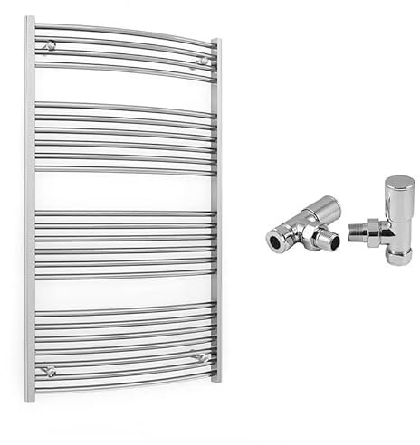 700mm Wide Curved Chrome Heated Bathroom Towel Rail Radiator With Valves For Central Heating UK (With Angled Valves, 700 x 1200 mm (h))
