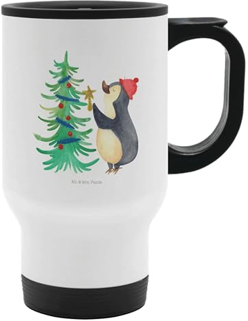 Mr. & Mrs. Panda Thermobecher Pinguin Weihnachtsbaum - Geschenk, Thermobecher To Go, Heiligabend, To Go Becher, Winter, Tasse mit Deckel,