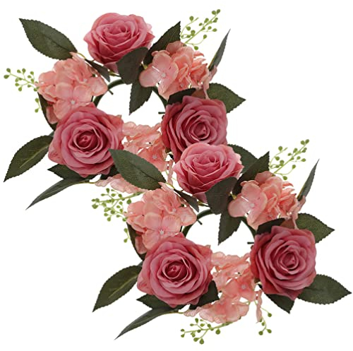 VOSAREA 2 Stücke Kerzenkranz Rose Kranz Kerzenring Hochzeit Kerzenhalter Ostern Blumenkranz Künstliche Blumen Türkranz für Stumpenkerzen Stabkerzen Valentinstag Deko Tischdeko