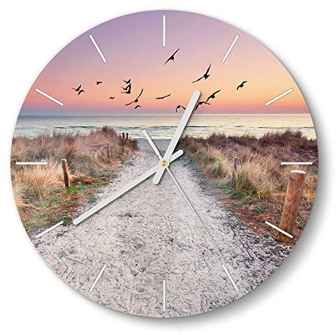 DEQORI Glasuhr | rund Ø 30 cm | Motiv Strandaufgang zur Ostsee | ausgefallene leise Design Uhr aus Glas | Wanduhr für Wohnzimmer & Küche | Moderne Hingucker Uhr für die Wand
