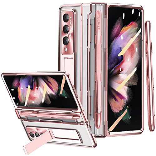 Miimall Handyhülle Kompatibel mit Samsung Galaxy Z Fold 3 Hülle mit S Pen, Transparent PC Schutzhülle mit Stift Halter + Displayschutzfolie+Ständer Hülle für Samsung Galaxy Z Fold 3 5G Roségold