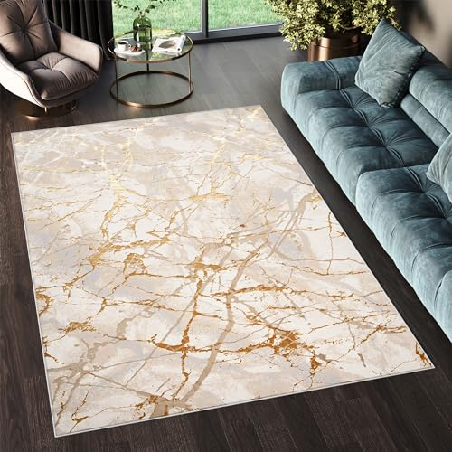 TAPISO Golden Teppich Kurzflor Wohnzimmer Schlafzimmer Luxuriös Creme Gold Abstrakt Linien Meliert Verwischt Modern Design ÖKOTEX 80 x 150 cm