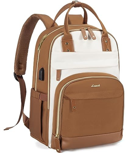 LOVEVOOK Laptop Backpack for Women, Waterproof 15.6 inch Work Bag Womens Rucksack with Anti-theft Zipper & USB Port, Fashion Ladies Backpacks Back Pack Womans for Travel School College Business Brown