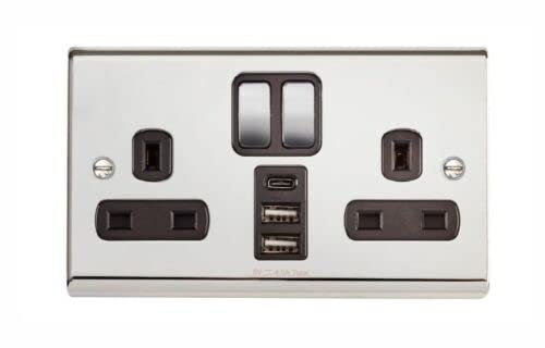 Deta SD1288CHB Slimline Twin 13 Amp Double Pole Switch Socket c/w 2 x USB Charging Ports & 1 x USB-C Charging Port (Polished Chrome/Black Insert)