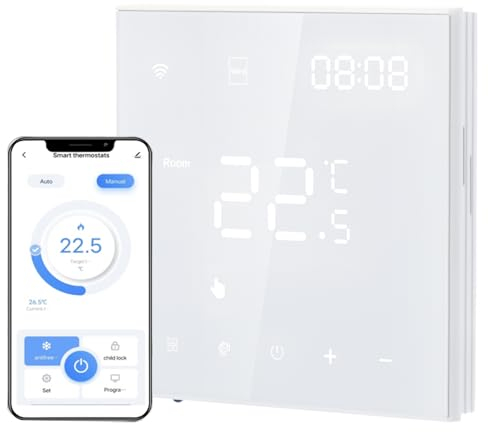 Irishom WiFi Thermostat mit Wasser Fußbodenheizung und Kesselsteuerung,Wchentlich Programmierbar Raumthermostat Einstellbare Helligkeit Kompatibel mit der App tuya (weiß)