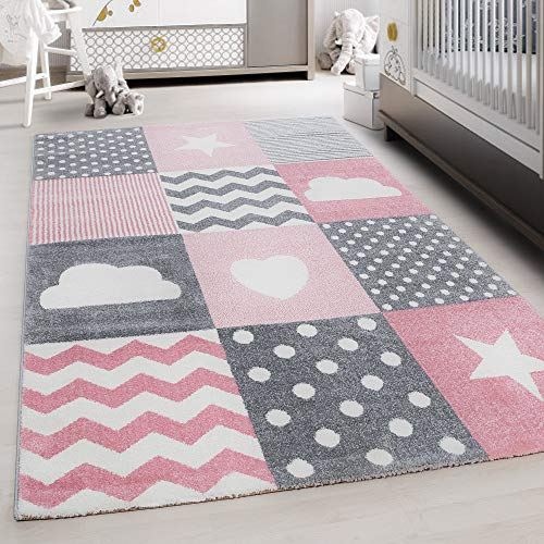 Teppium Kinderteppich für Mädchen Herz- und Stern Muster 200x300 (200x290 cm) Pink - Kurzflor Waschbarer Teppich Extra Weich und Antiallergen - Teppich für Kinderzimmer, Babyzimmer und Spielzimmer
