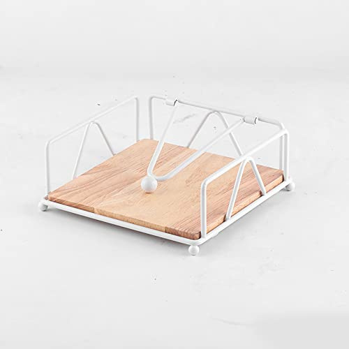 Porte-serviettes Plat, Distributeur de Serviettes en Bois Rustique Vintage, Porte-serviettes en Métal avec Bras Lesté et Base en Bois, Distributeur de Serviettes pour Cuisine, Table à(Blanc)