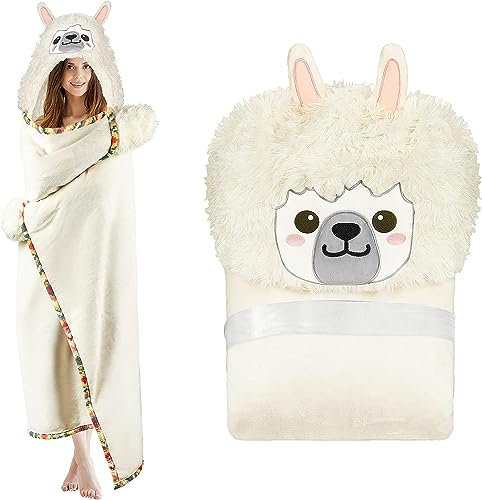 iyoimono Weiße Lama Alpaka Tragbare Decke Lama Alpaka Geschenke Sofadecke Kuscheldecke Lama Alpaca Wearable Hooded Blanket Geschenke für Frauen Erwachsene Mädchen und Kinder 152 * 125cm