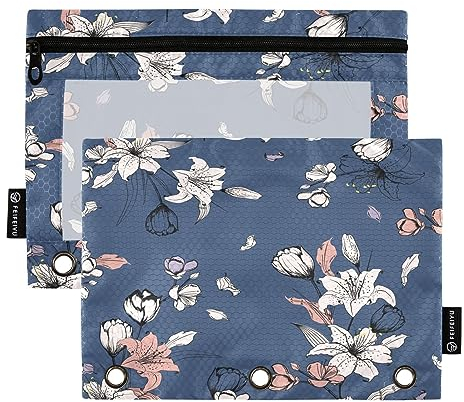 Mnsruu Lily Flowers 3-Ring-Bleistiftbeutel mit Reißverschluss, transparentes Fenster, Schreibwaren-Tasche zur Aufbewahrung von Schul- und Bürobedarf, 2 Stück, mehrfarbig, Einheitsgröße, Beauty Case