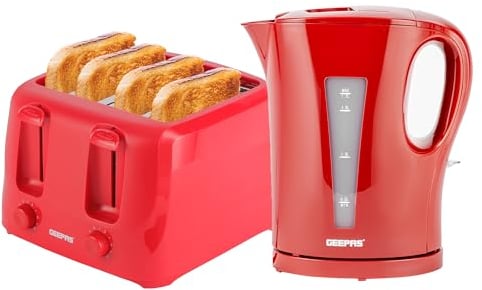GEEPAS 1.7L Electric Kettle & 4 Slice Bread Toaster Kitchen Combo Set | 2200W Cordless Jug Kettle Auto Shut-Off | 1400W Toastie Machine 6 Browning Level Removable Crumb Tray | 2 Year Warranty, Red