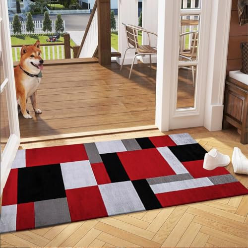 Fit Even Kilas Door Mat - Non-Slip Washable Doormat, Suitable for Indoor/Outdoor Use, Heavy Duty Dirt Trapper and Water Absorbent (Red Black, 50 x 80 cm)