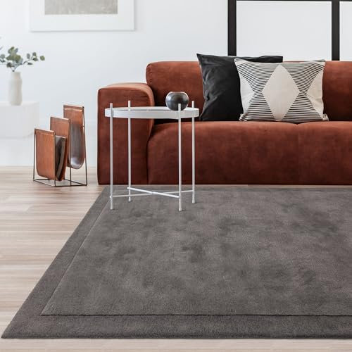 Rise Plain Border Rug for Luxury Home Living Room Bedroom Lounge Hand Carved Carpet Quality Soft Silky Shiny Viscose Wool Area Rug Charcoal Grey Medium 120x170 cm (4'x5'6)
