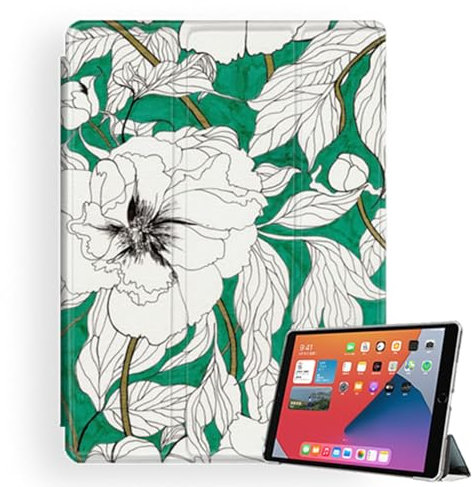DELIGUO Custodia per iPad 9.7 2018 2017 / iPad Air 2 / iPad Air 1 - Cover per Visualizzazione Multi-Angolo, Accensione/Spegnimento Automatico per iPad 6A/5A Generazione - Fiori E Foglie Bianchi