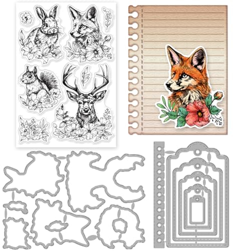 INFUNLY 3 Stück Tiere Blumen Etiketten-Stanzformen Und Transparente Stempel-Set Wiederverwendbar Fuchs Eichhörnchen Silikon-Stempel Rahmen Gestanzter Elch-Gummistempel Und Stanze Für Kartenherstellun
