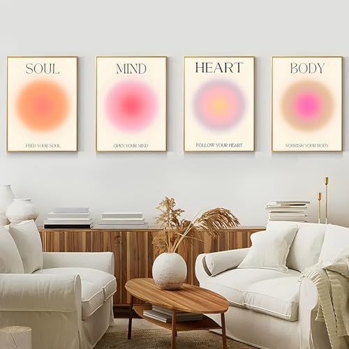 Qeuufieu 4 Stück Poster Set, Ästhetische Aura Bunte Farbverlauf, Body Mind Soul Heart Wandposter für Zimmer, Inspirationale Zitate Leinwand Kunst Gemälde Wandkunst für Schlafzimmer (30x40cm)