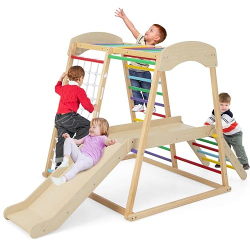 COSTWAY 6 in 1 Set Arrampicata per Bambini, Palestra in Legno con Barre di Scimmia Scivolo Corda e Scale in Legno, Parco Giochi per Bambini 1+ Anni (Colorato)
