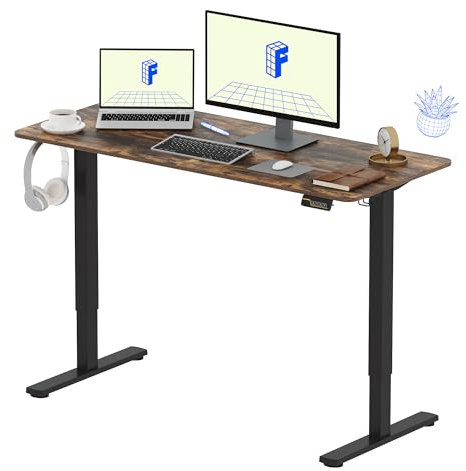 FLEXISPOT 140 * 60cm Electric Standing Desk Adjustable Sit Stand Up Computer Desk with Hook Memory Function for Office and Home (Rustic brown+Black)