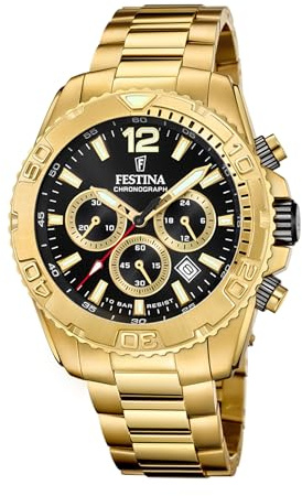 Festina Herrenuhr Analog aus Edelstahl 316l Goldfarben F20684/4 | Quarzwerk, Chronograph, Kalender, Robustes Mineralglas