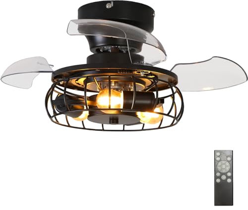 Retro Ceiling Fans with Lights Reversible 6 Speed Remote Control Black Fan Light Silent Dc Smart Ceiling Fan with Light 21.3in Black Indoor for Bedroom, Living Room, Lounge, Black