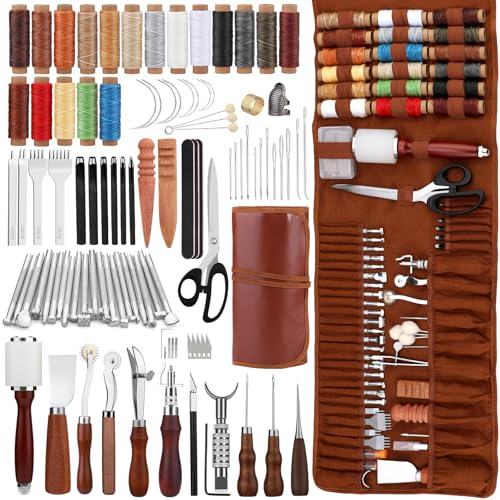Benlay Leder-Werkzeugset mit Leder-Rolltasche und Handbuch, Lederwerkzeuge für die Lederverarbeitung, Lederhandwerkswerkzeuge mit Ahle, Nähstanze, gewachstem Faden zum Lederstanzen, Schnitzen, Nähen