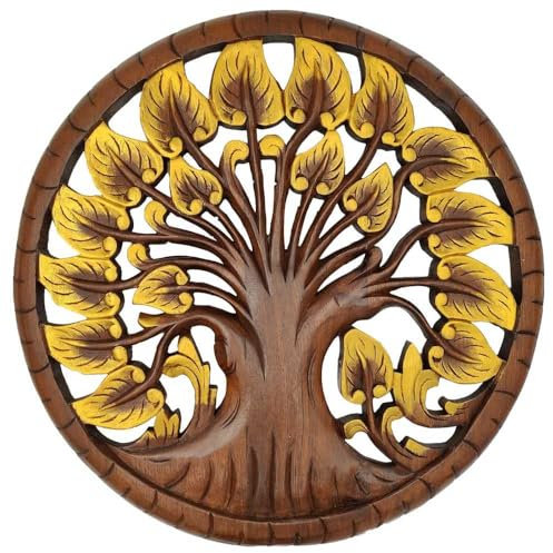 Kitama Thai Holzschnitzerei aus Teak Holz Ø 60cm Holz geschnitzt Wandbehang Bodhi Baum des Lebens Holz Teak Panel Wanddekoration Yoga Büro Boho Dekor (Bodhi Baum)