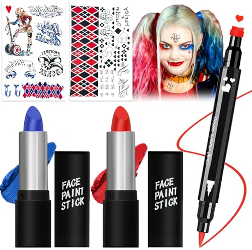 Halloween Schminke Set Makeup Kit,Gesichts Körperfarben Set mit 2 Rot Blau Face Paint Halloween,Doppelseitiger Eyeliner Stempel Bleistift,2 Clown Temporäre Tattoo für Karneval Halloween Cosplay