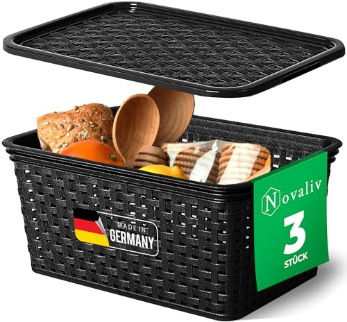 Novaliv 3er Set Aufbewahrungsbox mit Deckel Küche 5L Schwarz Kunststoff Rattan-Optik Küche Aufbewahrung & Organisation BPA-Freie Schrank Organizer Ordnungsboxen für Teebeutel Snacks Gewürze