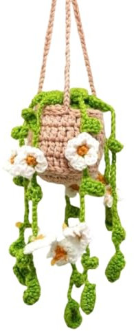 JANEUNIQUE Auto Zubehör Innenraum Auto Deko Autospiegel Anhänger für Spiegel Hängekorb Topfpflanzen Hand Gestrickt Ornament Geschenk für Männer Frauen