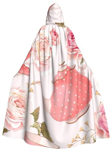 ESASAM Tea Cups With Roses Romantic Shabby Adult Halloween Hooded Cloak - Advanced Costume Accessories For Horror Nights