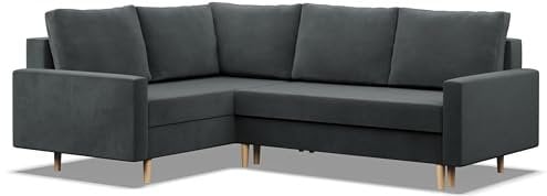 Mebligo - Ecksofa mit Schlaffunktion und Bettkasten Blank, Eckcouch mit Ottomane Links, Sofa L Form 223 x 172 x 88 cm, Couch Wohnzimmer, Ecke Sofa Wohnlandschaft, Schlafsofa - Dunkelgrau