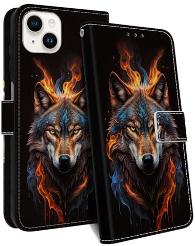 HopMore Handyhülle für iPhone 13 / iPhone 14 Hülle, Premium PU Leder Klappbar Klapphülle Kartenfach Schutzhülle, Stoßfeste Case Tasche mit Motiv Handytasche für iPhone 13 / iPhone 14, Wolf B