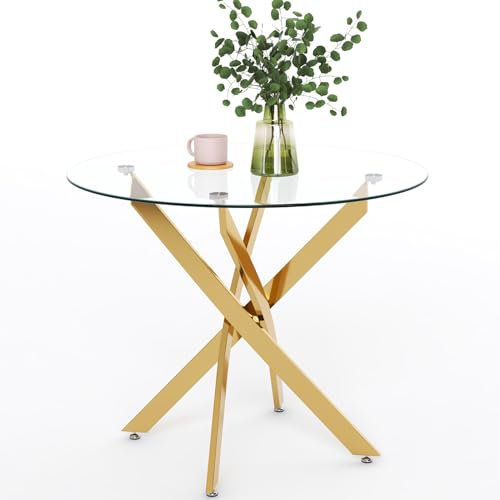 GOLDFAN Mesa de comedor redonda de cristal moderna con patas de metal dorado para comedor (80 cm, dorado)