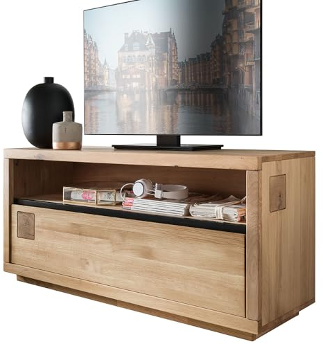 Lowboard 120 cm breit TV Board Fernsehschrank Fernsehtisch Unterschrank TV-Lowboard Fernsehmöbel in Eiche massiv geölt