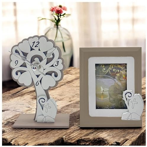 Ingrosso e Risparmio Bomboniera Cresima 1 pz Orologlio a Forma di Albero della Vita con Cornice portafoto Colore Bianco e Tortora Simboli Sacri Ideale Ragazzo Ragazzo Legno Doppio Colore