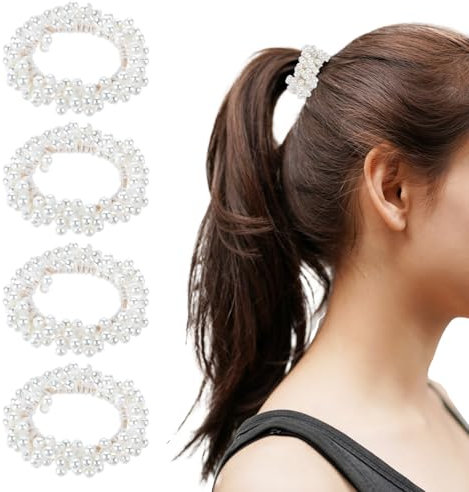 Weiß Perlen Haargummi Scrunchie, 4 Stücke Perlen Weiß Scrunchies Haargummi Wunderschön Haargummis Damen Zopfgummi Elastisch Haargummi Perlen Dutt Haargummi Damen Spiralhaargummi für Frauen Mädchen